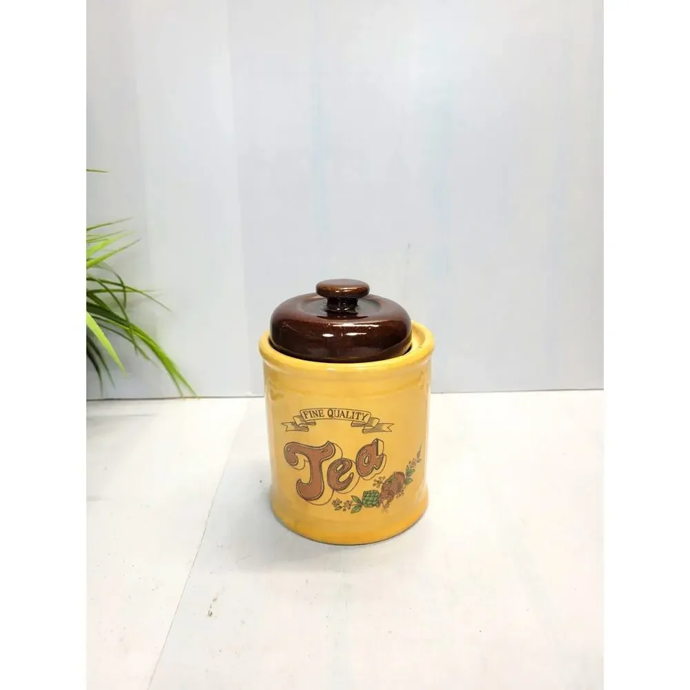 Vintage Asake Tea Canister Stoneware Brown Yellow 1970s Retro Kitchen Japan